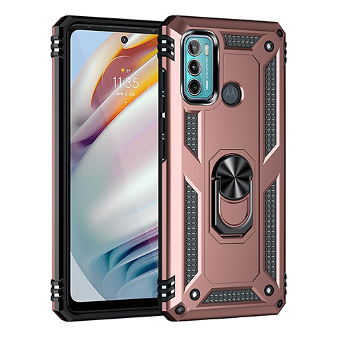 Silikon Hülle Handyhülle und Kunststoff Schutzhülle Hartschalen Tasche mit Magnetisch Fingerring Ständer für Motorola Moto G40 Fusion Rosegold