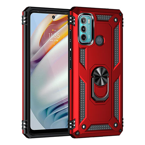 Silikon Hülle Handyhülle und Kunststoff Schutzhülle Hartschalen Tasche mit Magnetisch Fingerring Ständer für Motorola Moto G60 Rot