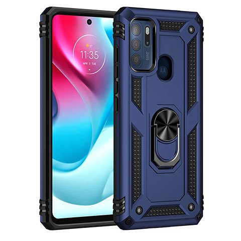 Silikon Hülle Handyhülle und Kunststoff Schutzhülle Hartschalen Tasche mit Magnetisch Fingerring Ständer für Motorola Moto G60s Blau