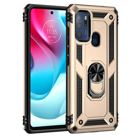 Silikon Hülle Handyhülle und Kunststoff Schutzhülle Hartschalen Tasche mit Magnetisch Fingerring Ständer für Motorola Moto G60s Gold