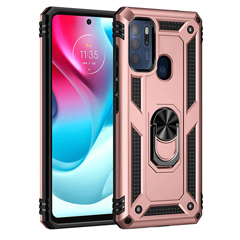 Silikon Hülle Handyhülle und Kunststoff Schutzhülle Hartschalen Tasche mit Magnetisch Fingerring Ständer für Motorola Moto G60s Rosegold