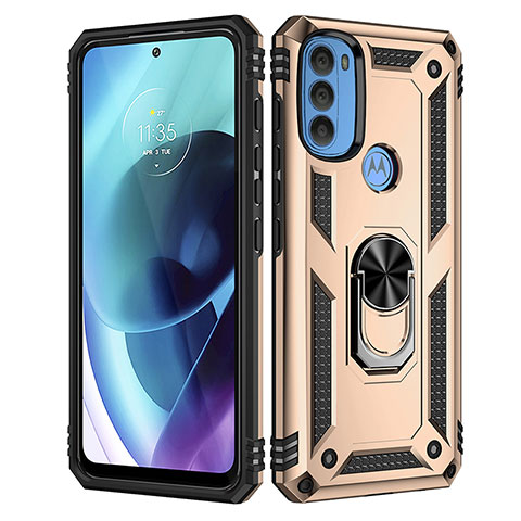 Silikon Hülle Handyhülle und Kunststoff Schutzhülle Hartschalen Tasche mit Magnetisch Fingerring Ständer für Motorola Moto G71 5G Gold