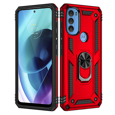 Silikon Hülle Handyhülle und Kunststoff Schutzhülle Hartschalen Tasche mit Magnetisch Fingerring Ständer für Motorola Moto G71 5G Rot