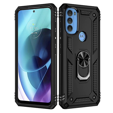 Silikon Hülle Handyhülle und Kunststoff Schutzhülle Hartschalen Tasche mit Magnetisch Fingerring Ständer für Motorola Moto G71 5G Schwarz