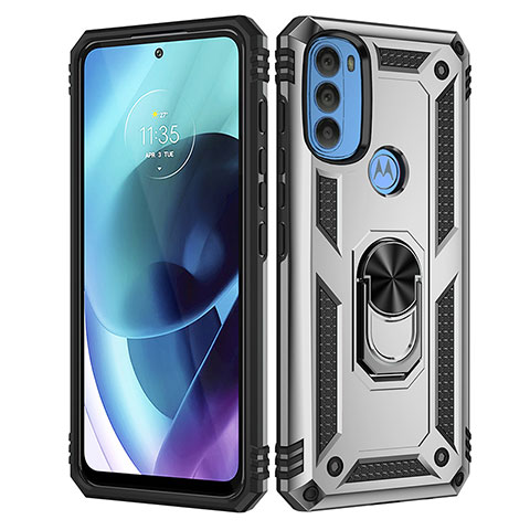 Silikon Hülle Handyhülle und Kunststoff Schutzhülle Hartschalen Tasche mit Magnetisch Fingerring Ständer für Motorola Moto G71 5G Silber