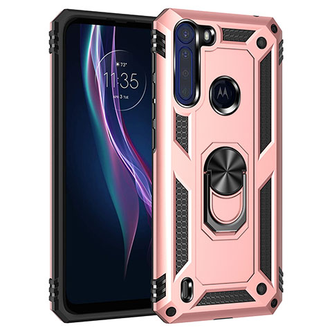 Silikon Hülle Handyhülle und Kunststoff Schutzhülle Hartschalen Tasche mit Magnetisch Fingerring Ständer für Motorola Moto One Fusion Rosegold