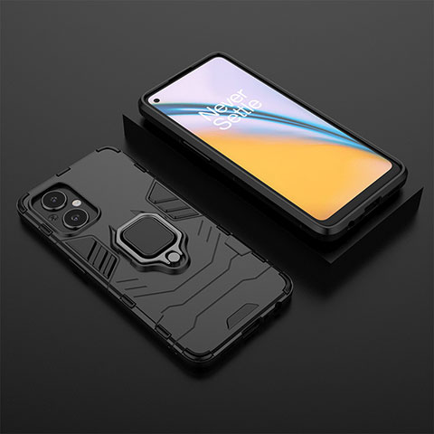 Silikon Hülle Handyhülle und Kunststoff Schutzhülle Hartschalen Tasche mit Magnetisch Fingerring Ständer für Oppo A96 5G Schwarz