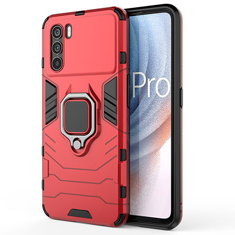 Silikon Hülle Handyhülle und Kunststoff Schutzhülle Hartschalen Tasche mit Magnetisch Fingerring Ständer für Oppo K9 Pro 5G Rot