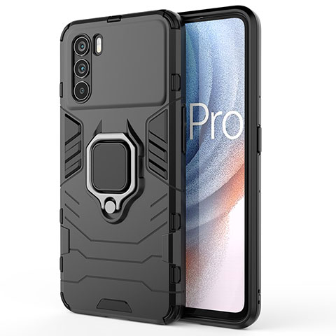 Silikon Hülle Handyhülle und Kunststoff Schutzhülle Hartschalen Tasche mit Magnetisch Fingerring Ständer für Oppo K9 Pro 5G Schwarz