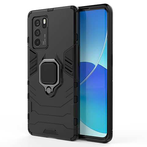 Silikon Hülle Handyhülle und Kunststoff Schutzhülle Hartschalen Tasche mit Magnetisch Fingerring Ständer für Oppo Reno6 Pro 5G India Schwarz