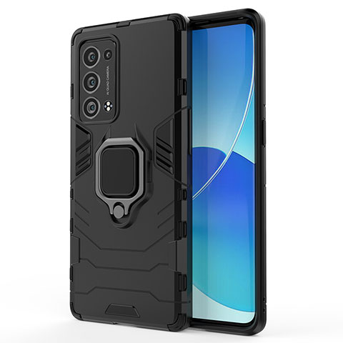 Silikon Hülle Handyhülle und Kunststoff Schutzhülle Hartschalen Tasche mit Magnetisch Fingerring Ständer für Oppo Reno6 Pro+ Plus 5G Schwarz