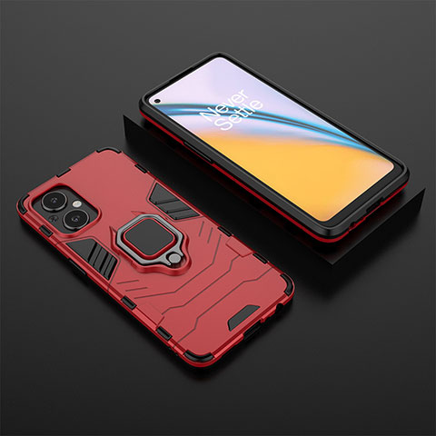 Silikon Hülle Handyhülle und Kunststoff Schutzhülle Hartschalen Tasche mit Magnetisch Fingerring Ständer für Oppo Reno7 Lite 5G Rot