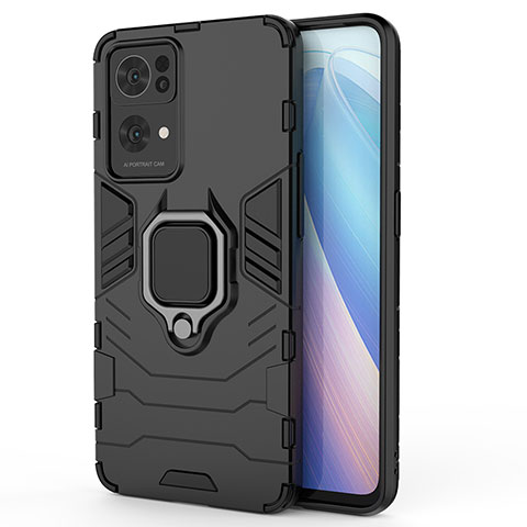 Silikon Hülle Handyhülle und Kunststoff Schutzhülle Hartschalen Tasche mit Magnetisch Fingerring Ständer für Oppo Reno7 Pro 5G Schwarz