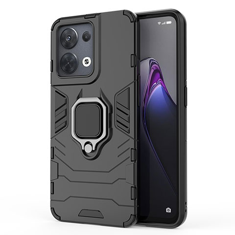 Silikon Hülle Handyhülle und Kunststoff Schutzhülle Hartschalen Tasche mit Magnetisch Fingerring Ständer für Oppo Reno9 Pro 5G Schwarz