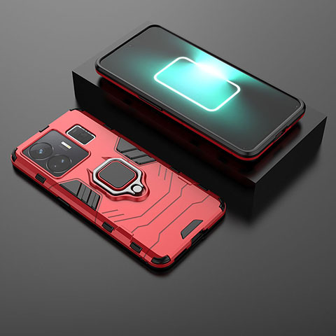 Silikon Hülle Handyhülle und Kunststoff Schutzhülle Hartschalen Tasche mit Magnetisch Fingerring Ständer für Realme GT Neo6 5G Rot
