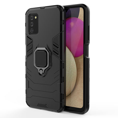 Silikon Hülle Handyhülle und Kunststoff Schutzhülle Hartschalen Tasche mit Magnetisch Fingerring Ständer für Samsung Galaxy A02s Schwarz