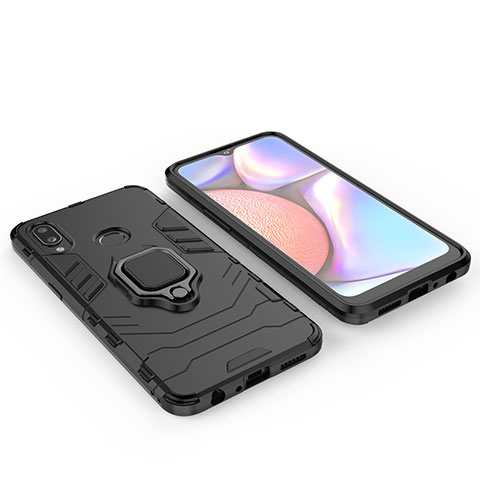 Silikon Hülle Handyhülle und Kunststoff Schutzhülle Hartschalen Tasche mit Magnetisch Fingerring Ständer für Samsung Galaxy A10s Schwarz