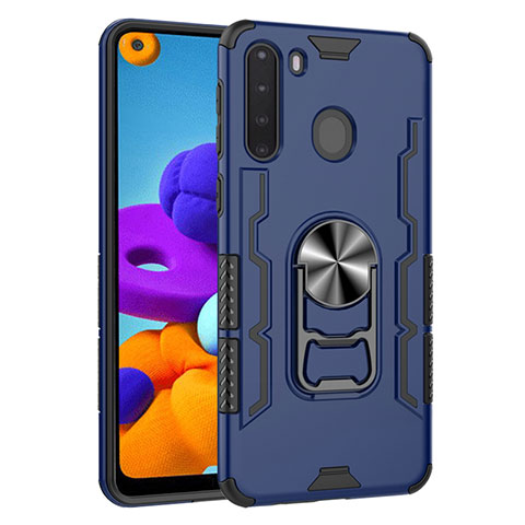 Silikon Hülle Handyhülle und Kunststoff Schutzhülle Hartschalen Tasche mit Magnetisch Fingerring Ständer für Samsung Galaxy A21 Blau