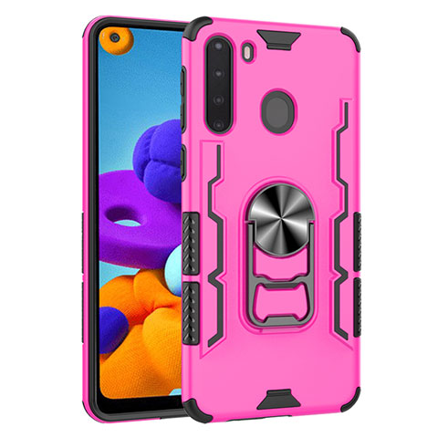 Silikon Hülle Handyhülle und Kunststoff Schutzhülle Hartschalen Tasche mit Magnetisch Fingerring Ständer für Samsung Galaxy A21 Pink