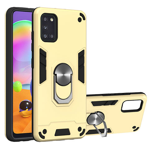 Silikon Hülle Handyhülle und Kunststoff Schutzhülle Hartschalen Tasche mit Magnetisch Fingerring Ständer für Samsung Galaxy A31 Gold