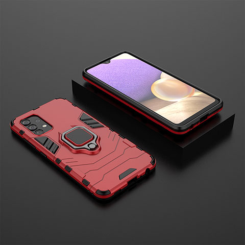 Silikon Hülle Handyhülle und Kunststoff Schutzhülle Hartschalen Tasche mit Magnetisch Fingerring Ständer für Samsung Galaxy A32 5G Rot
