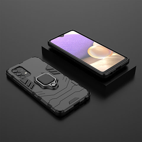 Silikon Hülle Handyhülle und Kunststoff Schutzhülle Hartschalen Tasche mit Magnetisch Fingerring Ständer für Samsung Galaxy A32 5G Schwarz