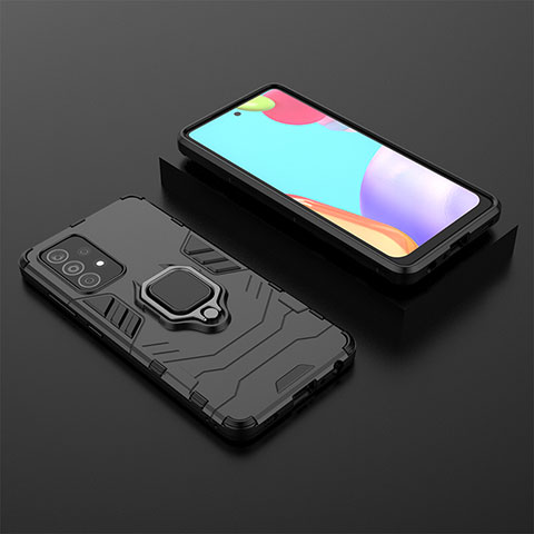 Silikon Hülle Handyhülle und Kunststoff Schutzhülle Hartschalen Tasche mit Magnetisch Fingerring Ständer für Samsung Galaxy A52 5G Schwarz