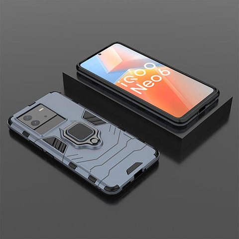 Silikon Hülle Handyhülle und Kunststoff Schutzhülle Hartschalen Tasche mit Magnetisch Fingerring Ständer für Vivo iQOO Neo6 5G Blau