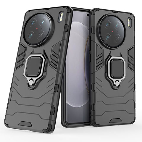 Silikon Hülle Handyhülle und Kunststoff Schutzhülle Hartschalen Tasche mit Magnetisch Fingerring Ständer für Vivo X90 Pro 5G Schwarz