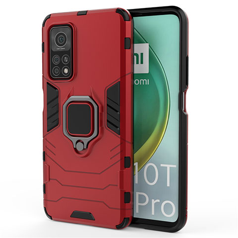 Silikon Hülle Handyhülle und Kunststoff Schutzhülle Hartschalen Tasche mit Magnetisch Fingerring Ständer für Xiaomi Mi 10T Pro 5G Rot