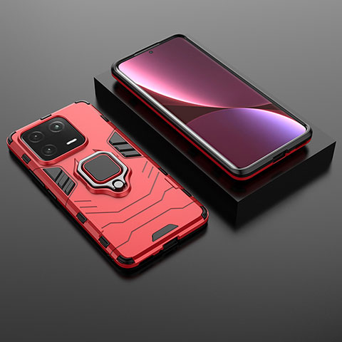 Silikon Hülle Handyhülle und Kunststoff Schutzhülle Hartschalen Tasche mit Magnetisch Fingerring Ständer für Xiaomi Mi 13 Pro 5G Rot