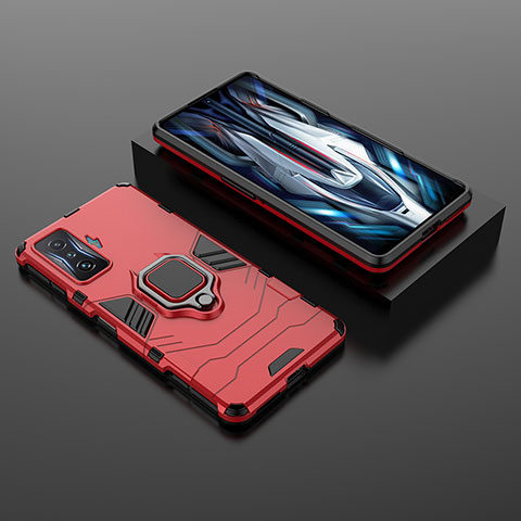 Silikon Hülle Handyhülle und Kunststoff Schutzhülle Hartschalen Tasche mit Magnetisch Fingerring Ständer für Xiaomi Poco F4 GT 5G Rot