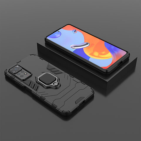 Silikon Hülle Handyhülle und Kunststoff Schutzhülle Hartschalen Tasche mit Magnetisch Fingerring Ständer für Xiaomi Redmi Note 11 Pro 5G Schwarz