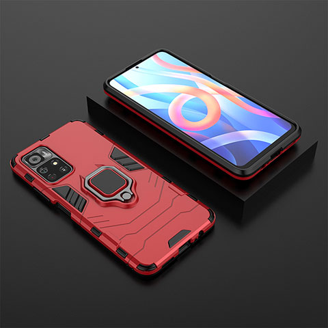 Silikon Hülle Handyhülle und Kunststoff Schutzhülle Hartschalen Tasche mit Magnetisch Fingerring Ständer für Xiaomi Redmi Note 11S 5G Rot