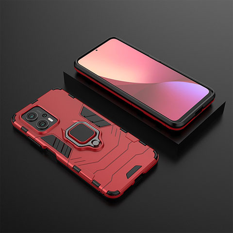 Silikon Hülle Handyhülle und Kunststoff Schutzhülle Hartschalen Tasche mit Magnetisch Fingerring Ständer für Xiaomi Redmi Note 11T Pro 5G Rot