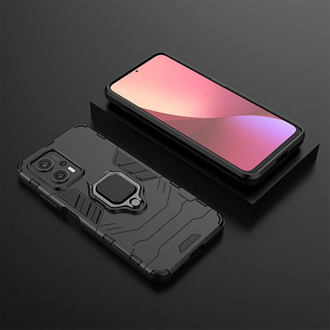 Silikon Hülle Handyhülle und Kunststoff Schutzhülle Hartschalen Tasche mit Magnetisch Fingerring Ständer für Xiaomi Redmi Note 11T Pro 5G Schwarz