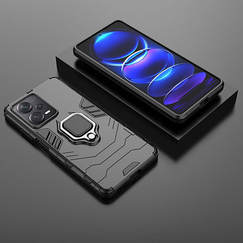 Silikon Hülle Handyhülle und Kunststoff Schutzhülle Hartschalen Tasche mit Magnetisch Fingerring Ständer für Xiaomi Redmi Note 12 Explorer Schwarz