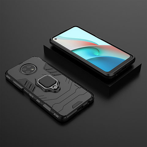 Silikon Hülle Handyhülle und Kunststoff Schutzhülle Hartschalen Tasche mit Magnetisch Fingerring Ständer für Xiaomi Redmi Note 9 5G Schwarz