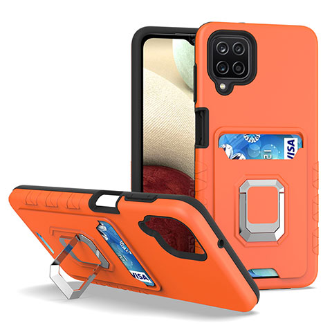 Silikon Hülle Handyhülle und Kunststoff Schutzhülle Hartschalen Tasche mit Magnetisch Fingerring Ständer J01S für Samsung Galaxy A12 Nacho Orange