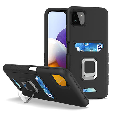 Silikon Hülle Handyhülle und Kunststoff Schutzhülle Hartschalen Tasche mit Magnetisch Fingerring Ständer J01S für Samsung Galaxy A22s 5G Schwarz