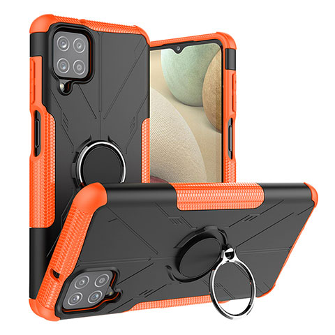 Silikon Hülle Handyhülle und Kunststoff Schutzhülle Hartschalen Tasche mit Magnetisch Fingerring Ständer J01X für Samsung Galaxy A12 Orange