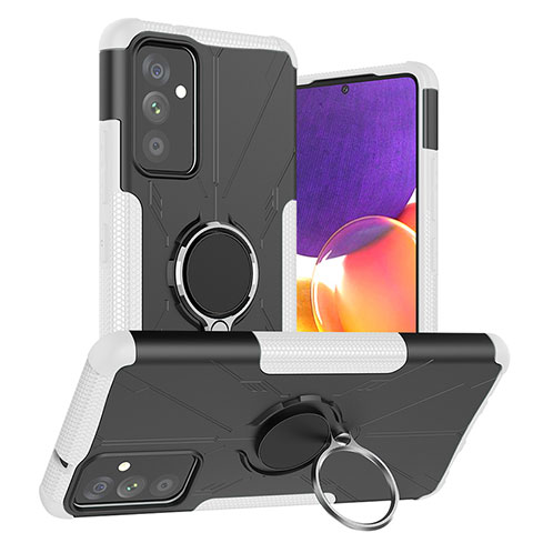 Silikon Hülle Handyhülle und Kunststoff Schutzhülle Hartschalen Tasche mit Magnetisch Fingerring Ständer J01X für Samsung Galaxy A25 5G Silber