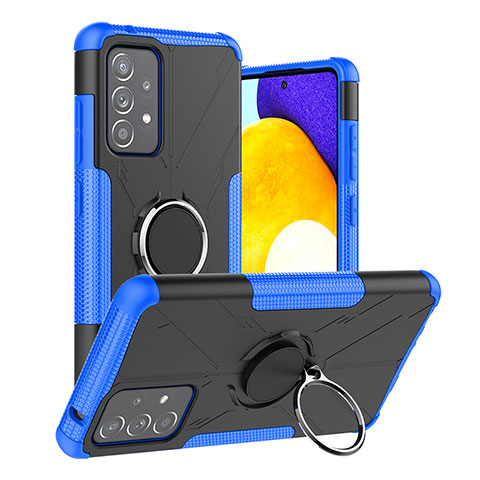 Silikon Hülle Handyhülle und Kunststoff Schutzhülle Hartschalen Tasche mit Magnetisch Fingerring Ständer J01X für Samsung Galaxy A52 4G Blau