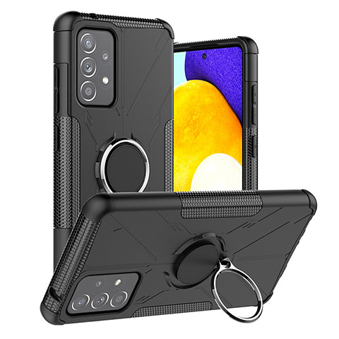 Silikon Hülle Handyhülle und Kunststoff Schutzhülle Hartschalen Tasche mit Magnetisch Fingerring Ständer J01X für Samsung Galaxy A52 4G Schwarz