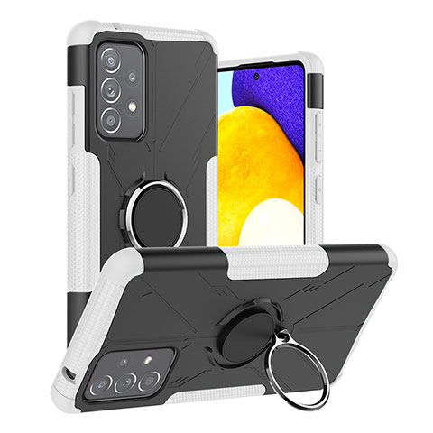 Silikon Hülle Handyhülle und Kunststoff Schutzhülle Hartschalen Tasche mit Magnetisch Fingerring Ständer J01X für Samsung Galaxy A52 4G Silber