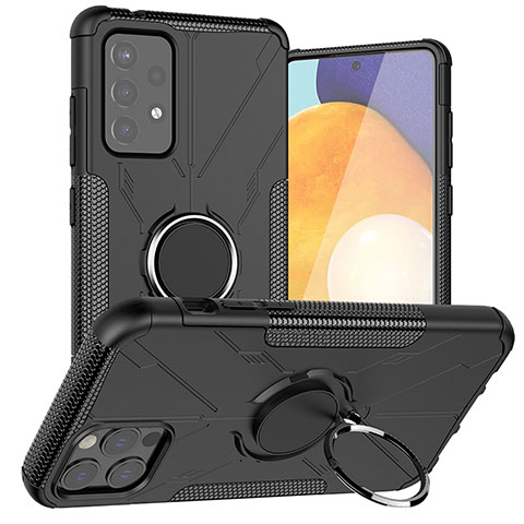 Silikon Hülle Handyhülle und Kunststoff Schutzhülle Hartschalen Tasche mit Magnetisch Fingerring Ständer J01X für Samsung Galaxy A72 4G Schwarz