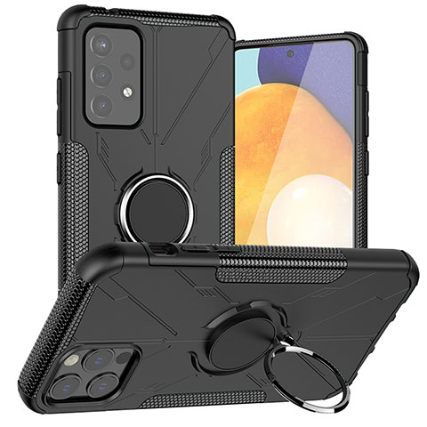 Silikon Hülle Handyhülle und Kunststoff Schutzhülle Hartschalen Tasche mit Magnetisch Fingerring Ständer J01X für Samsung Galaxy A72 5G Schwarz