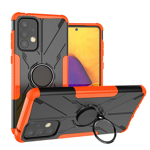 Silikon Hülle Handyhülle und Kunststoff Schutzhülle Hartschalen Tasche mit Magnetisch Fingerring Ständer J01X für Samsung Galaxy A73 5G Orange