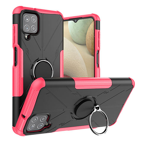 Silikon Hülle Handyhülle und Kunststoff Schutzhülle Hartschalen Tasche mit Magnetisch Fingerring Ständer J01X für Samsung Galaxy F12 Pink