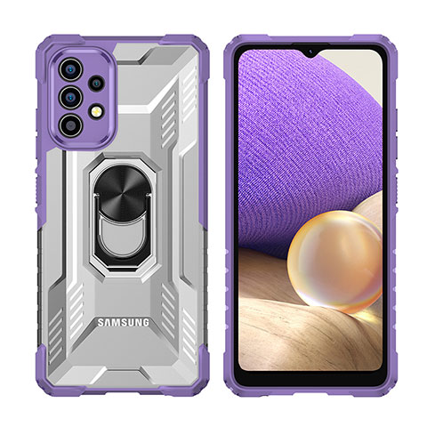 Silikon Hülle Handyhülle und Kunststoff Schutzhülle Hartschalen Tasche mit Magnetisch Fingerring Ständer J02S für Samsung Galaxy A32 5G Violett